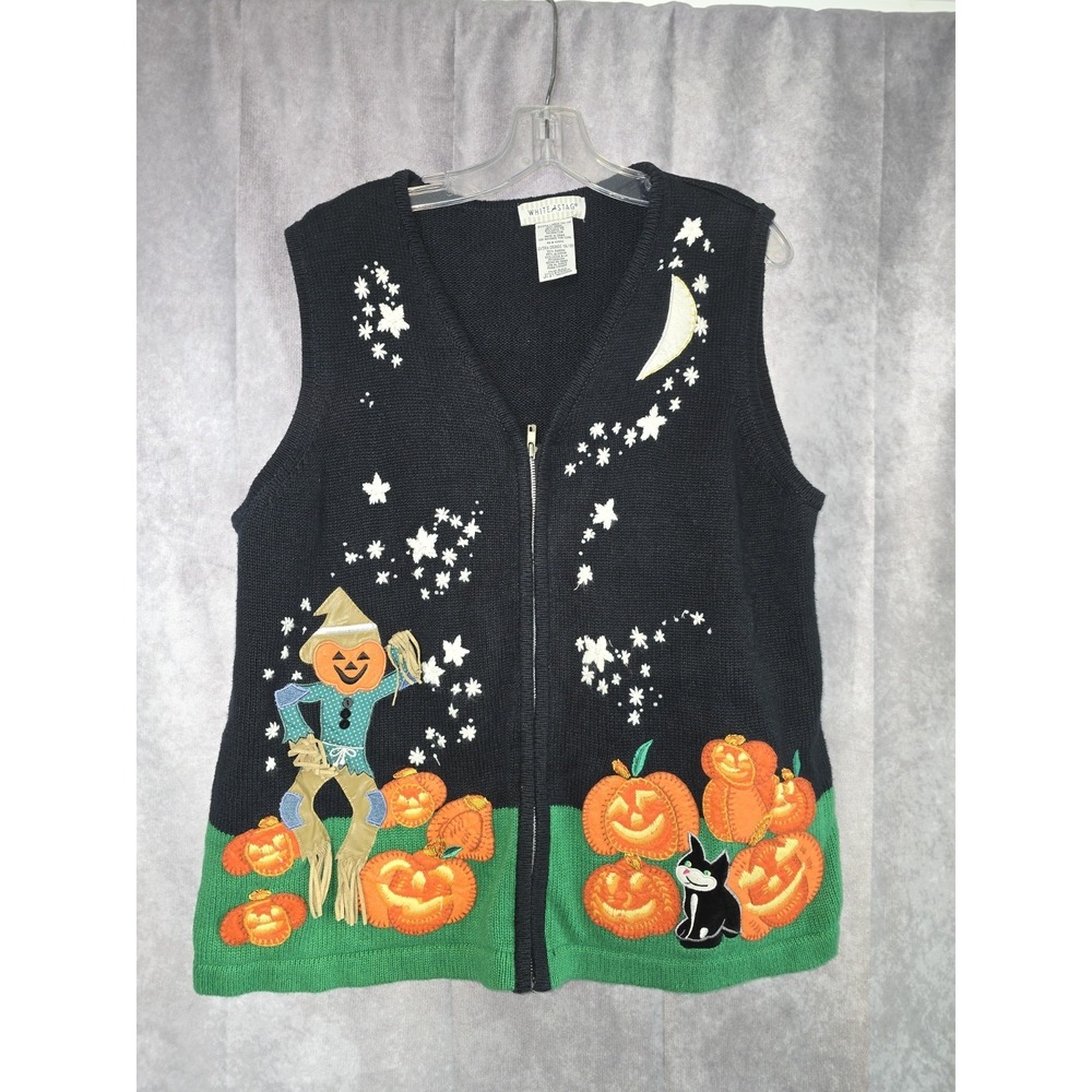 VTG Halloween Sweater Vest Knit Cotton Ramie Cat Pumpkins SZ XL White Sag 90s